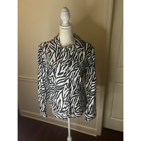 Chico's Jackets & Blazers - Chicos Zebra Print Jacket Black White Animal Print Button Front Size 2